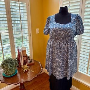 Blue Floral Boat Neck Babydoll Dress